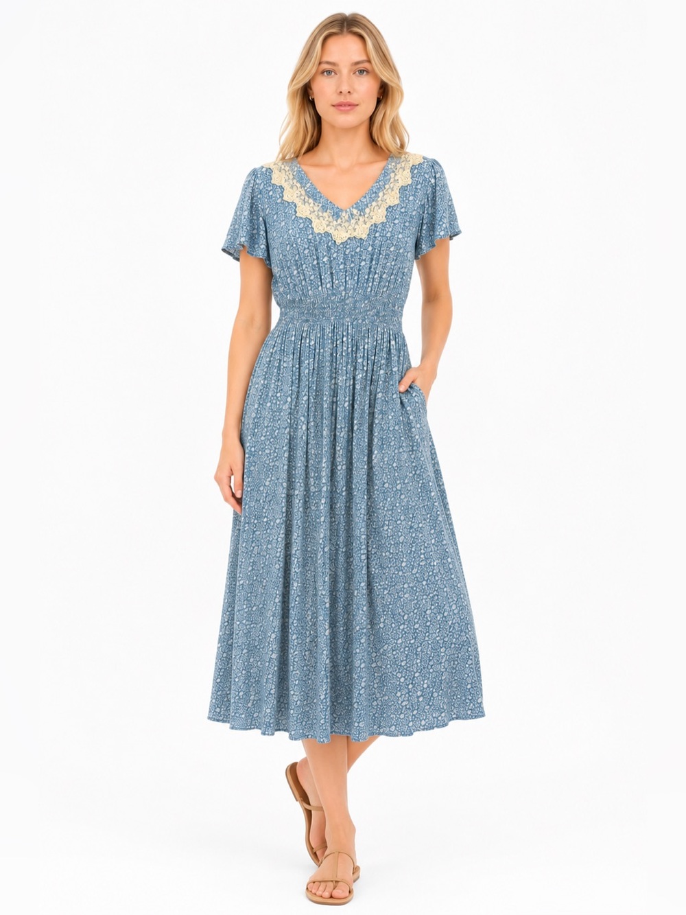 April Cornell Blue Floral Cottagecore Midi Dress Size Small Lace Collar Feminine